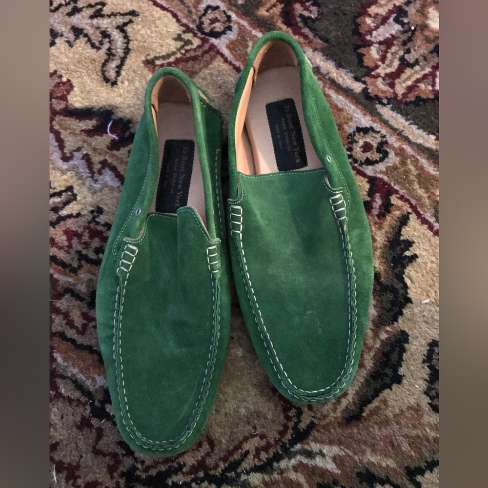 To Boot suede green slippers/driving shoes $325 10.5